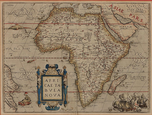 Appraisal: ABRAHAM ORTELIUS'Africae Tabula Nova' double page engraving the title cartouche