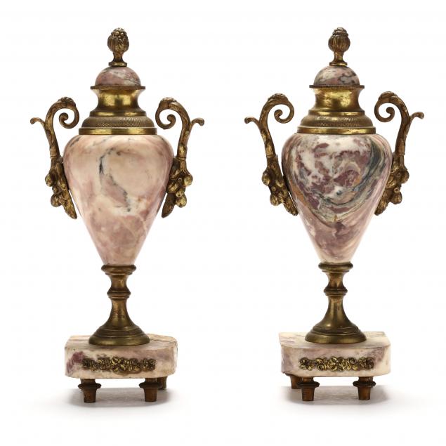 Appraisal: PAIR OF ANTIQUE FRENCH MARBLE AND ORMOLU MANTEL URNS Late