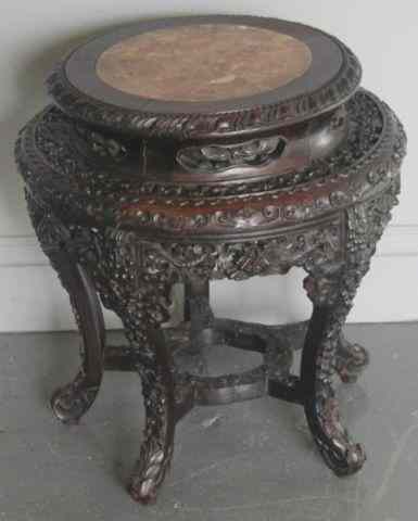 Appraisal: Antique Chinese Hardwood Marble Top Low Stand Extremely fine carving