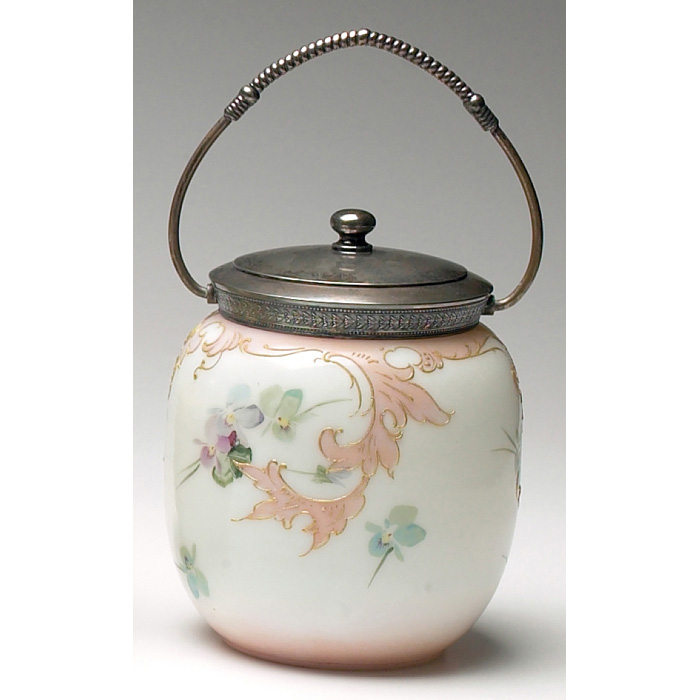 Appraisal: Victorian biscuit jar enameled lavender and gray pansies against a