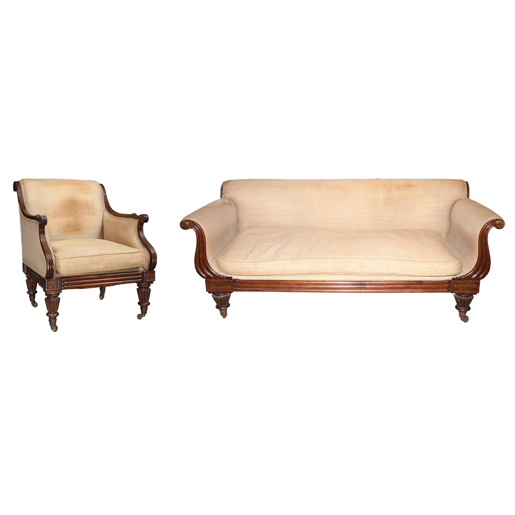 Appraisal: William IV Brass Inlaid Faux Rosewood Settee and a Bergere