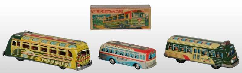 Appraisal: Lot of Tin Litho Bus Friction Toys Description Japanese Working