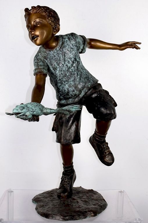 Appraisal: Cute Boy w Frog Bronze Garden Fountain Sculpture Bronze boy