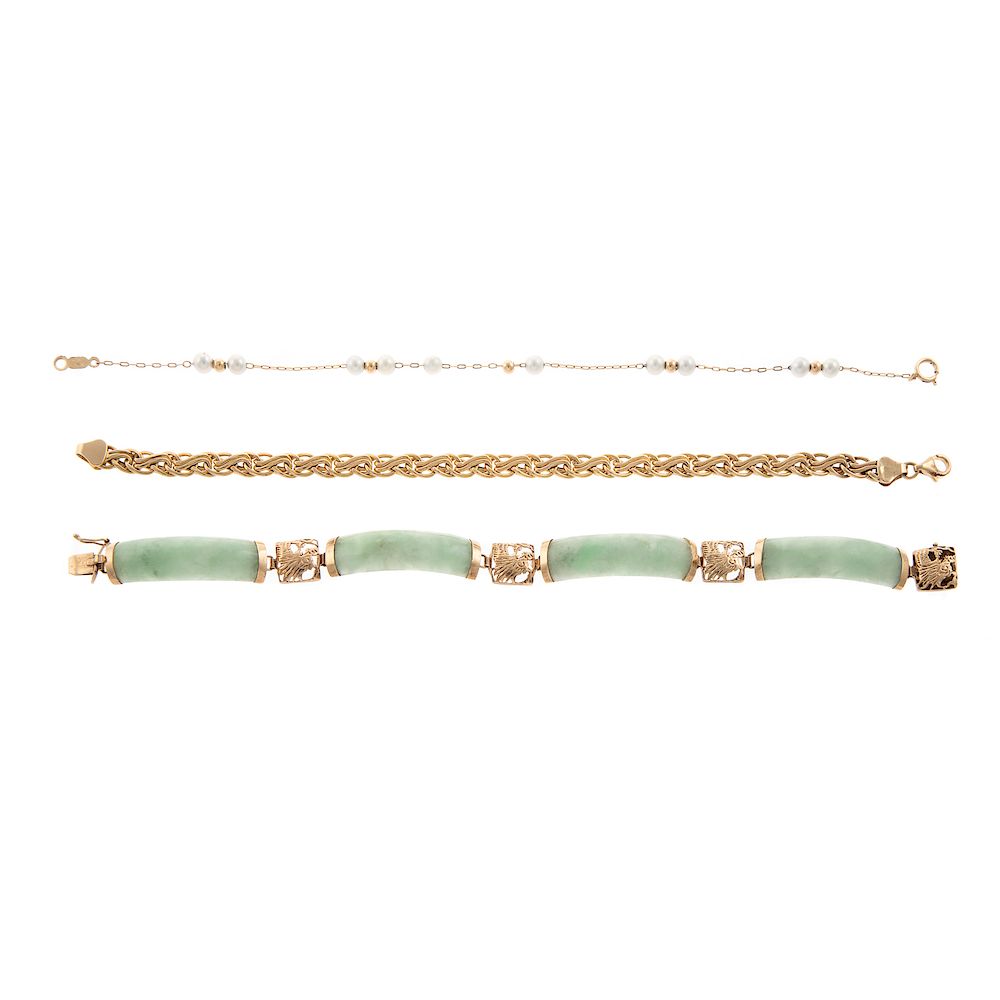 Appraisal: A Trio of K Pearl Jade Link Bracelets K yellow