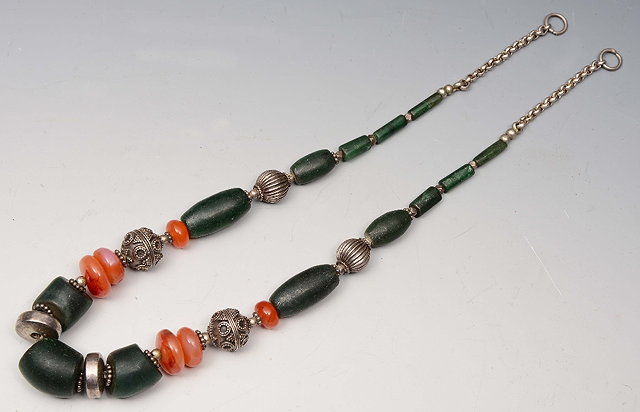 Appraisal: AN INDIAN GREEN STONE CORNELIAN AND SILVER BEAD NECKLACE of