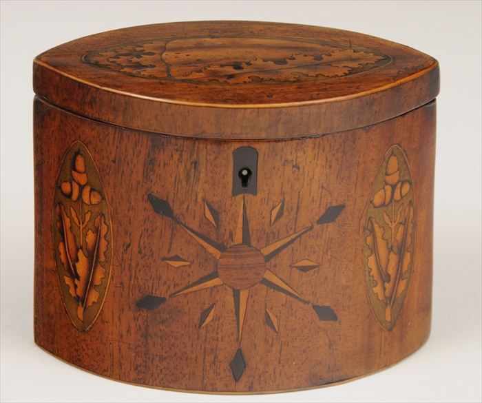 Appraisal: GEORGE III MARQUETRY-INLAID MAHOGANY TEA CADDY Of pointed oval cross