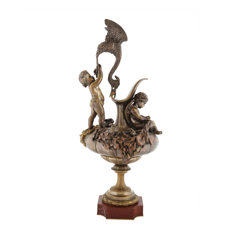 Appraisal: BRONZE EWER WITH CUPIDS FEEDING SWANS BRONZE EWER WITH CUPIDS