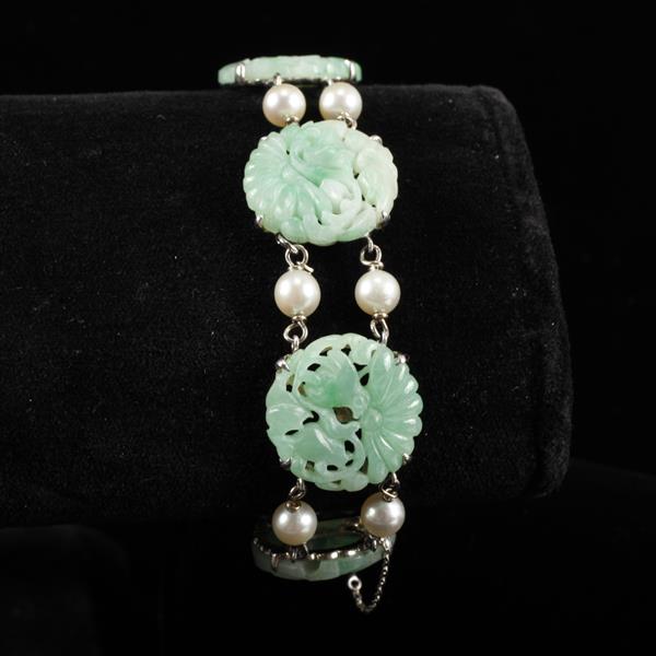 Appraisal: Jadeite Chinese carved jade medallion and pearl white gold bracelet