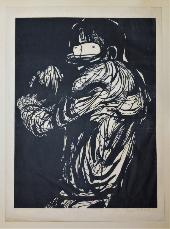 Appraisal: LEONARD BASKIN FOOTBALL WOODBLOCK PRINT Massachusetts - Unnumbered edition in