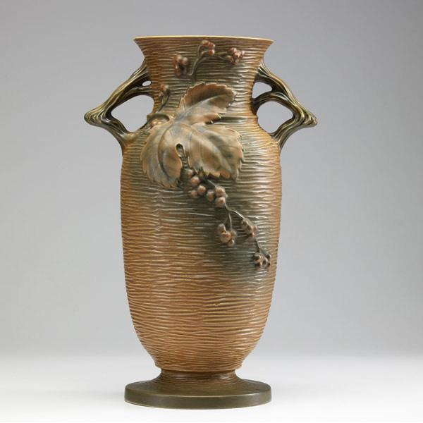 Appraisal: ROSEVILLE Brown Bushberry floor vase - Crisp mold Raised mark