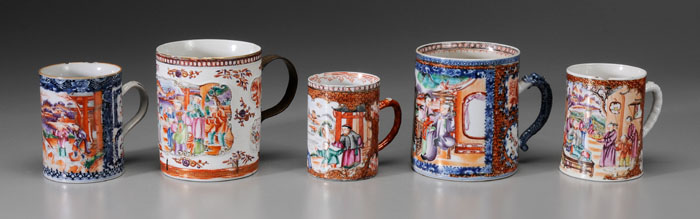 Appraisal: Five Export Porcelain Mugs Chinese th century mandarin palette -