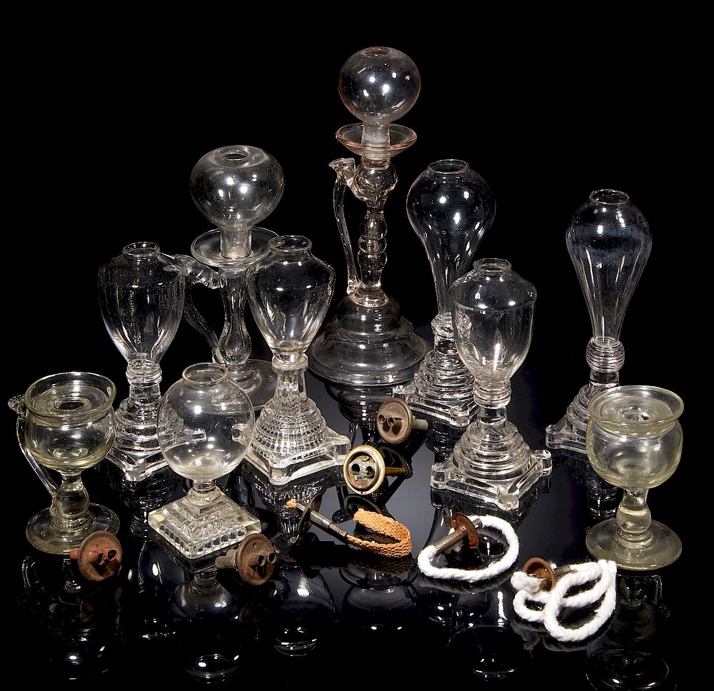 Appraisal: Glass Whale Oil Lamps assorted glass whale oil lamps Dimensions