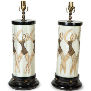 Appraisal: A Pair of Modernist Painted Glass Lamps Mid th Century