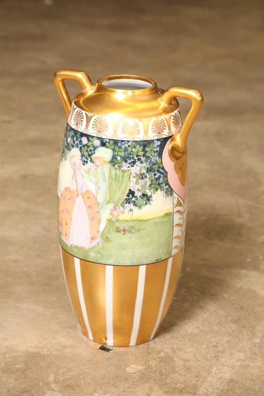 Appraisal: LARGE AUSTRIAN VASE Double handled vase with handpainted scenes of