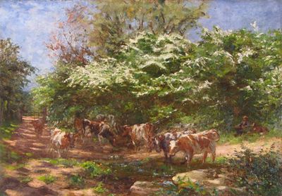 Appraisal: William B Fortescue - Cattle by a stream Oil on