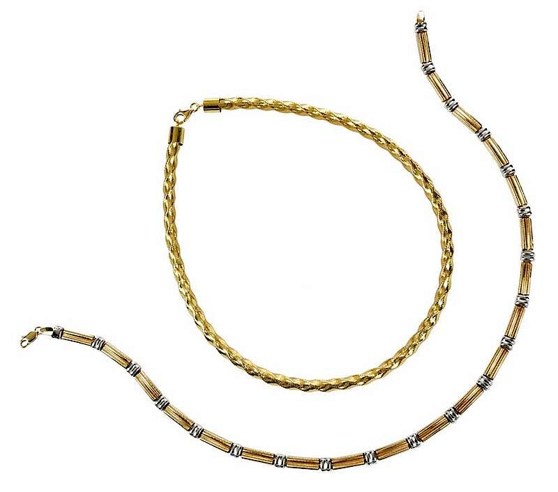 Appraisal: Two kt Necklaces woven spiral design clasp stamped kt yellow