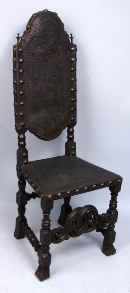 Appraisal: Early Spanish or Portuguese oak high-back chair having fine tooled