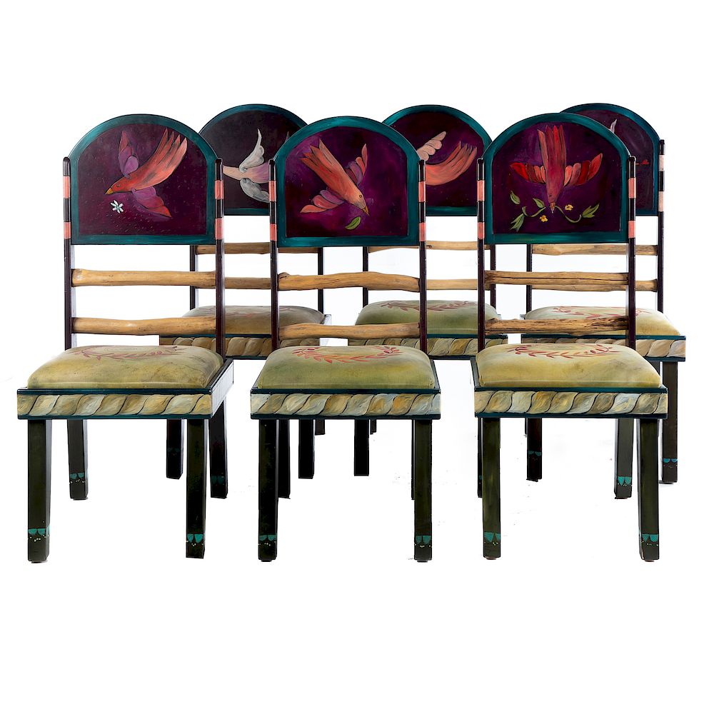 Appraisal: Set of Six Sticks Folk Art Painted Dining Chairs America