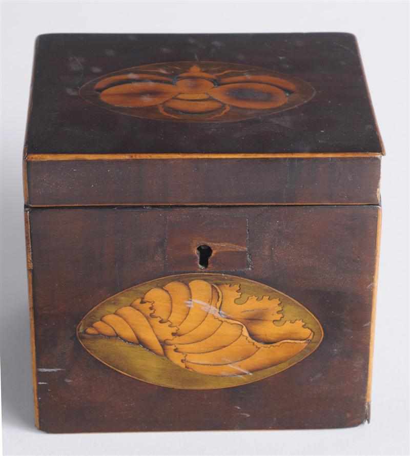 Appraisal: GEORGE III INLAID MAHOGANY TEA CADDY The lid with oval