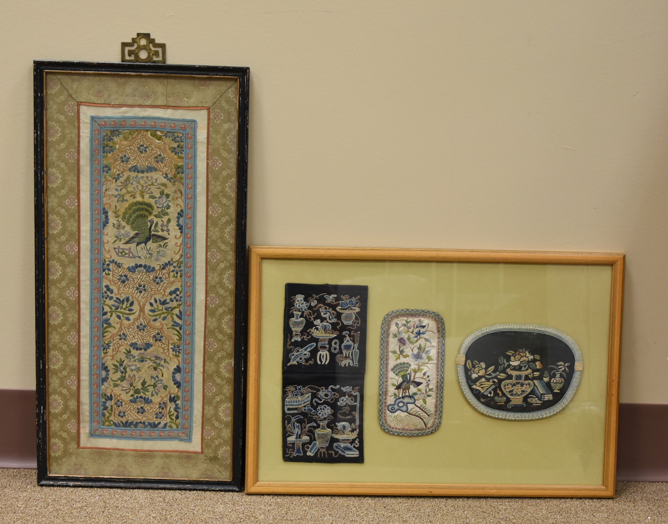 Appraisal: TWO CHINESE EMBROIDERIES W FRAMES QING DYNASTY Chinese embroidery woven