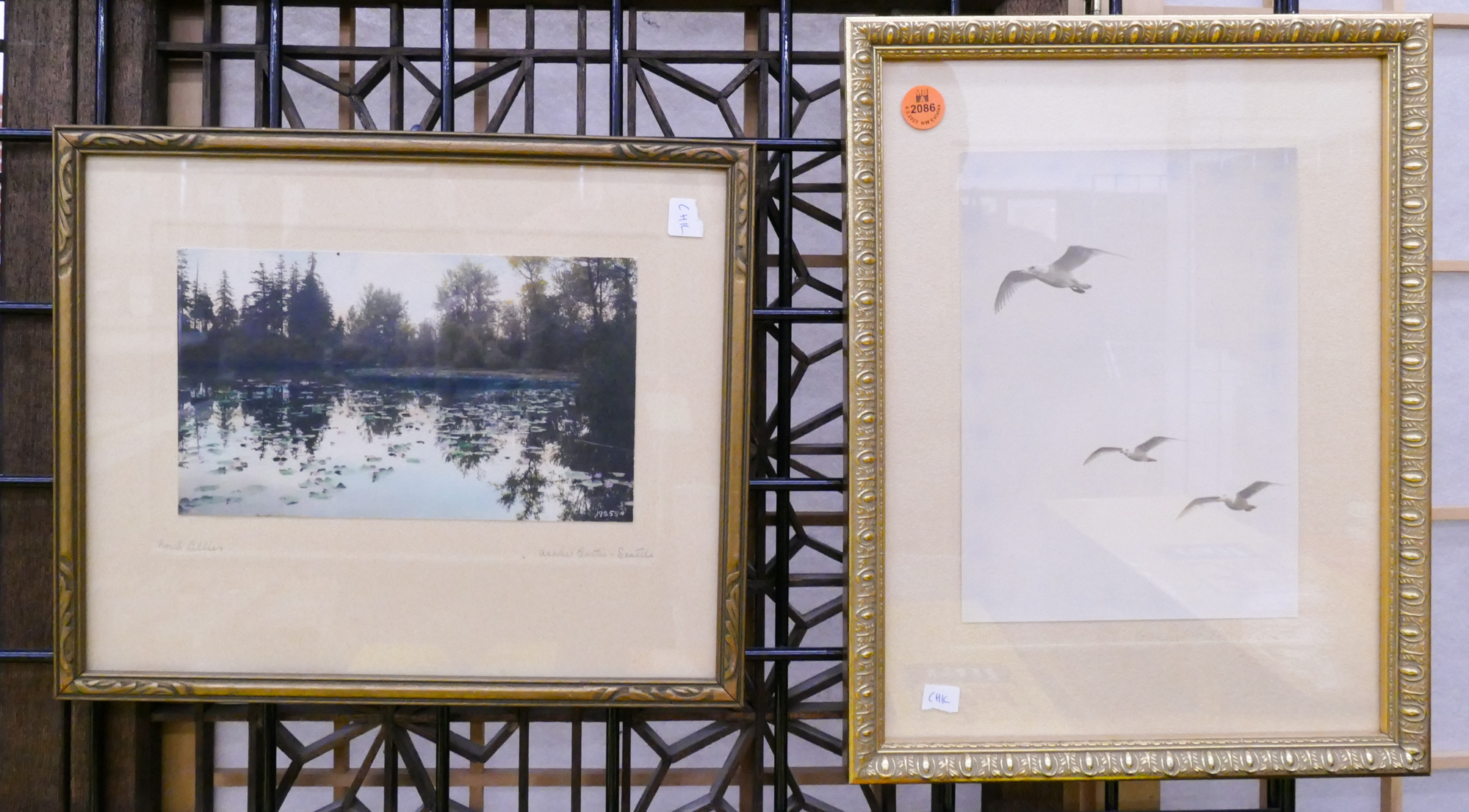 Appraisal: pc Asahel Curtis Lily Pads Seagulls Tinted Photographs Framed- largest