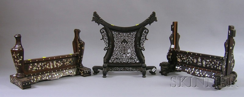 Appraisal: Three Carved Asian Wooden Stands two with mother-of-pearl inlay ht