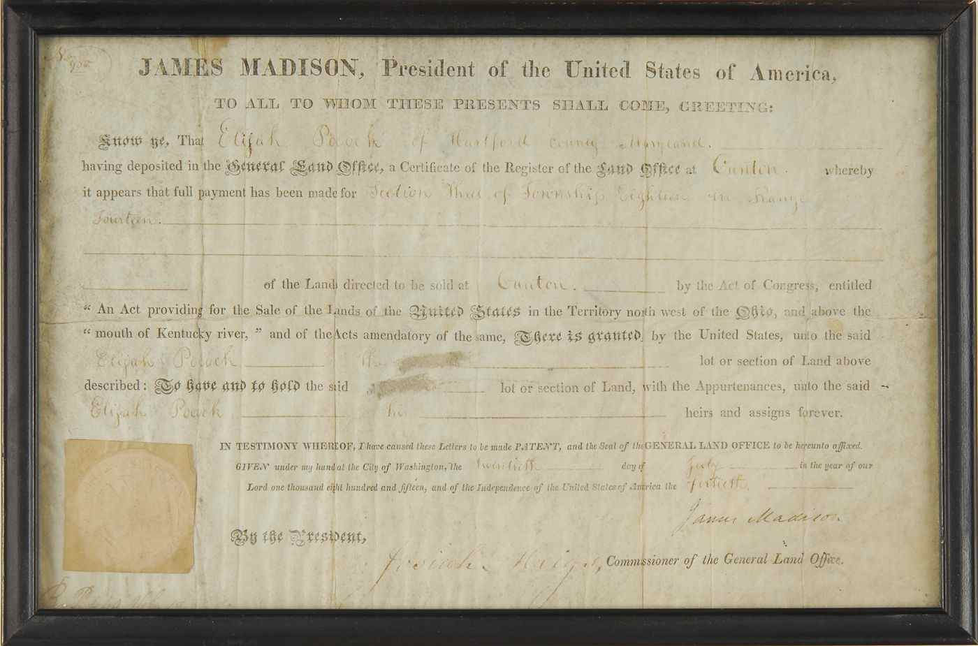 Appraisal: FRAMED LAND GRANT SIGNED BY PRESIDENT JAMES MADISONGranting Elijah Pocock