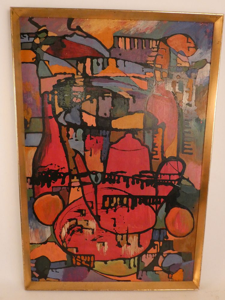 Appraisal: R COSGROVE ABSTRACT PAINTING Colorful mid-century oil on masonite of