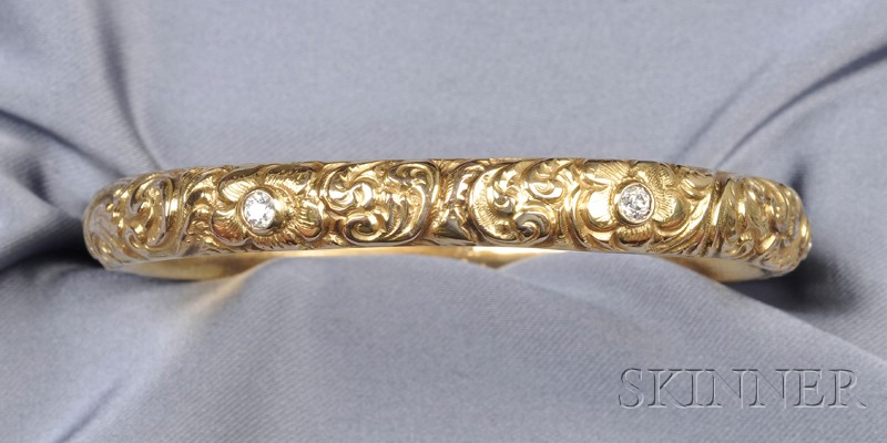 Appraisal: Art Nouveau kt Gold and Diamond Bangle with high-relief scrolling