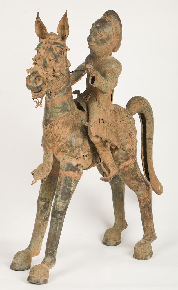 Appraisal: Monumental Benin Bronze Warrior and Horse Monumental Benin Bronze Warrior