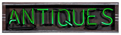 Appraisal: Neon Antiques sign green lettering when lit metal frame and