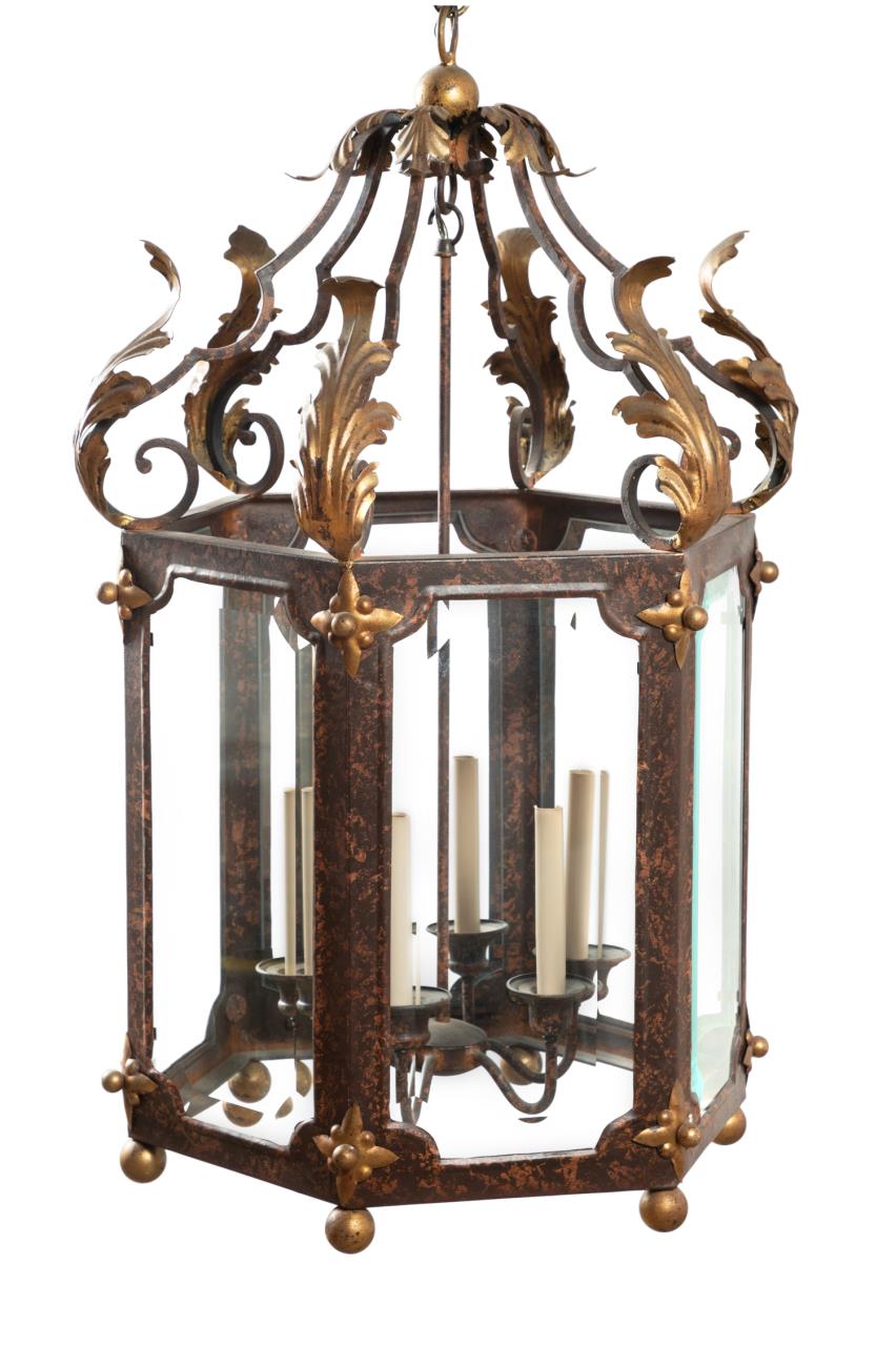 Appraisal: RENAISSANCE STYLE BEVELED GLASS ENTRY LANTERN Hexagonal form iron entry