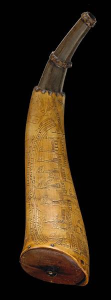 Appraisal: An incised Cuba school powder horn The faceted spout with