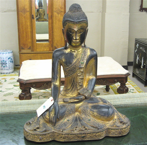 Appraisal: SEATED THAI PARCEL-GILT WOOD BUDDHA Mahaparinirvana Sukhothai style carved in