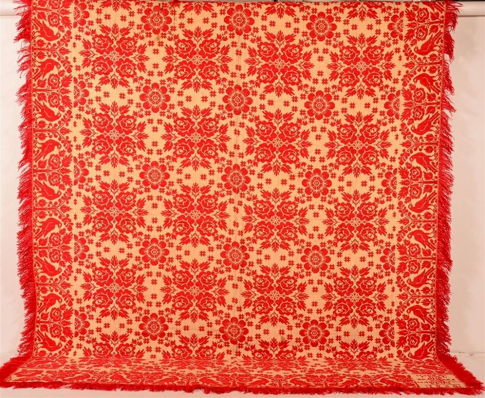 Appraisal: Red and Neutral Two Part Jacquard Coverlet th Century Red