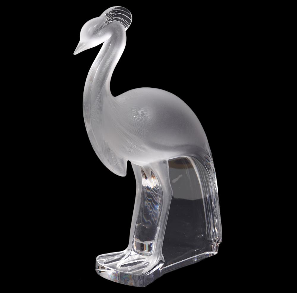 Appraisal: LALIQUE LOUISIANE CRYSTAL PEACOCK CRANELalique clear and frosted crystal Louisiane