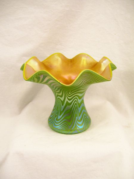 Appraisal: Durand Art Glass Vase Gold iridescent interior and a green