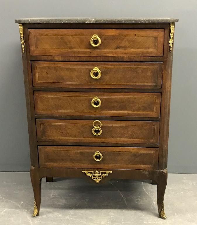 Appraisal: Marble-Top Chest French walnut veneered marble-top chest th century h