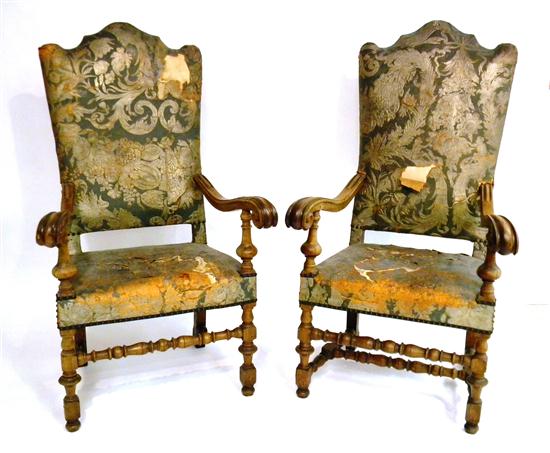 Appraisal: Pair of Baroque form open armchairs with early elements shaped