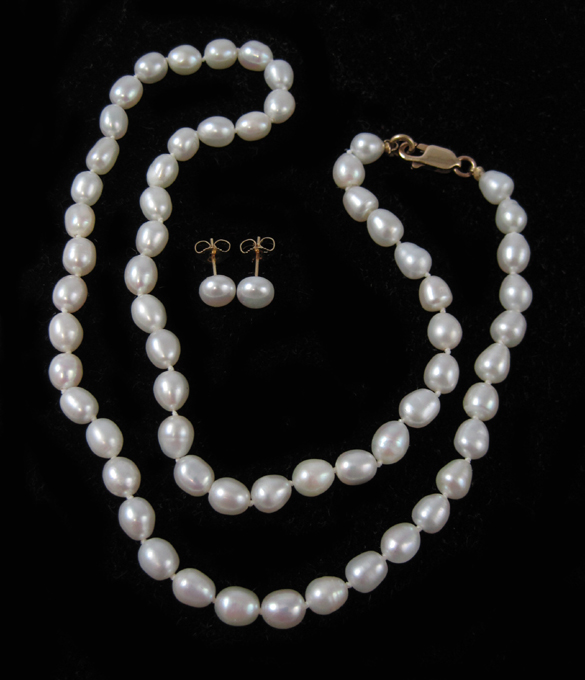 Appraisal: THREE ARTICLES OF WHITE PEARL JEWELRY including an inch necklace