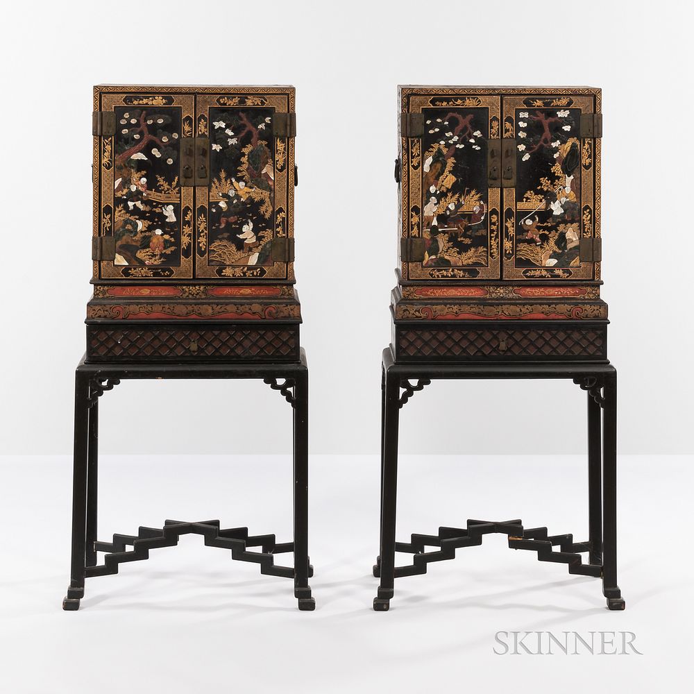 Appraisal: Pair of Gilt and Lacquered Two-door Cabinets on Stands Pair