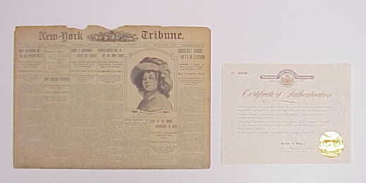 Appraisal: Original copy of New York Tribune with certificate of authencity