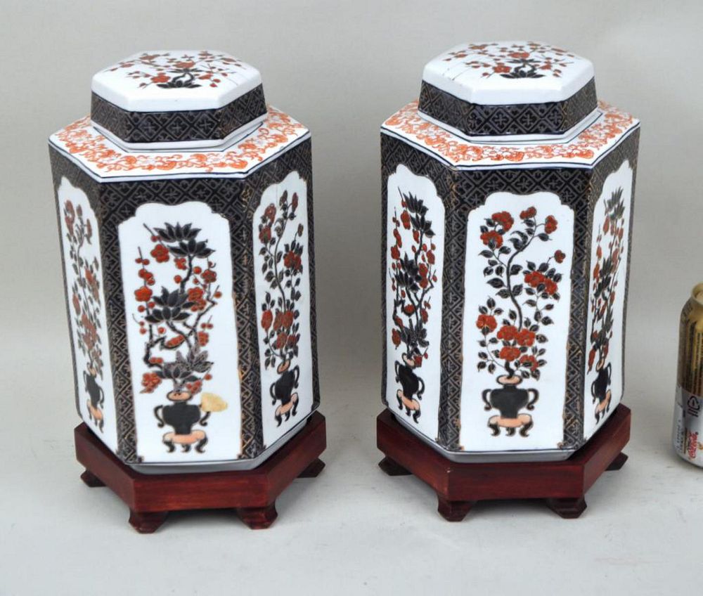 Appraisal: Pair Chinese Porcelain Octagonal Form Tea Jars with paneled decoration