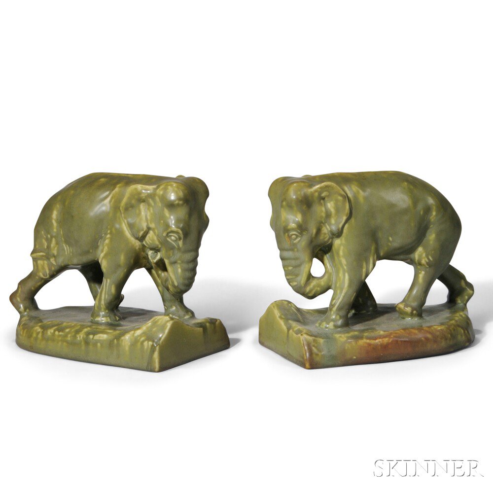 Appraisal: Rookwood Pottery Elephant Bookends Glazed ceramic Cincinnati Ohio early th