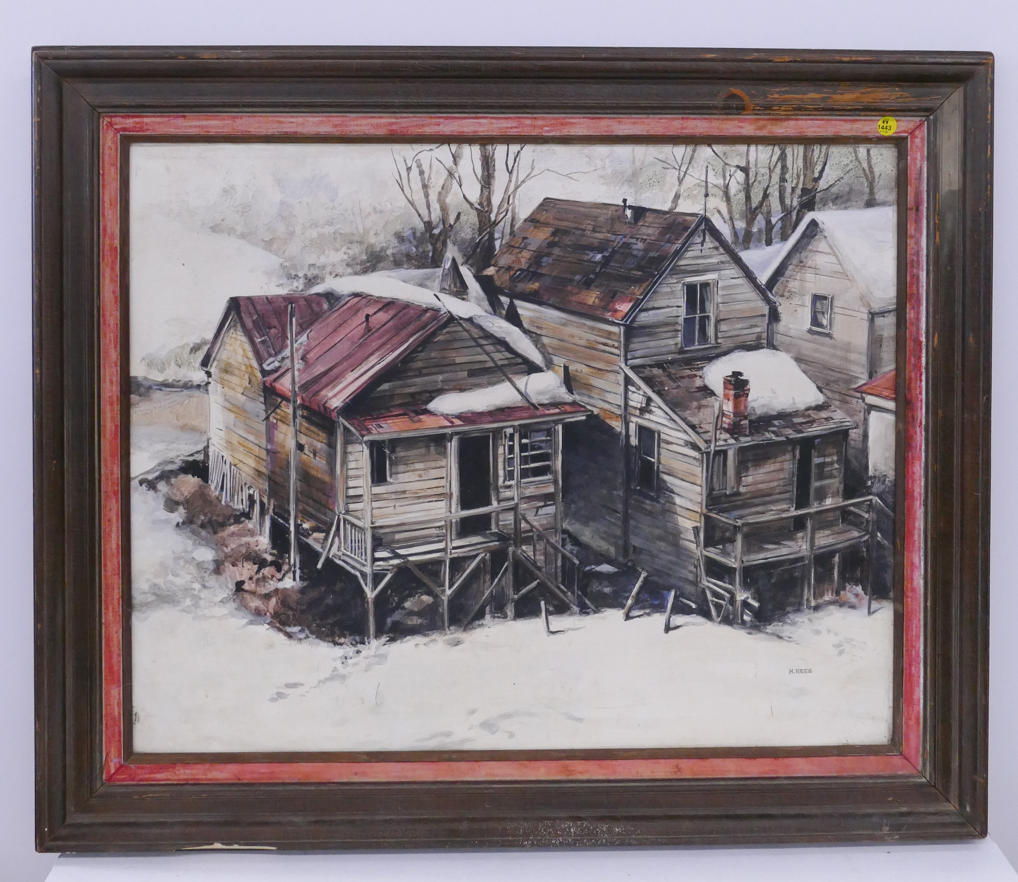 Appraisal: H Rees River Houses Mixed Media on Board Painting Framed-