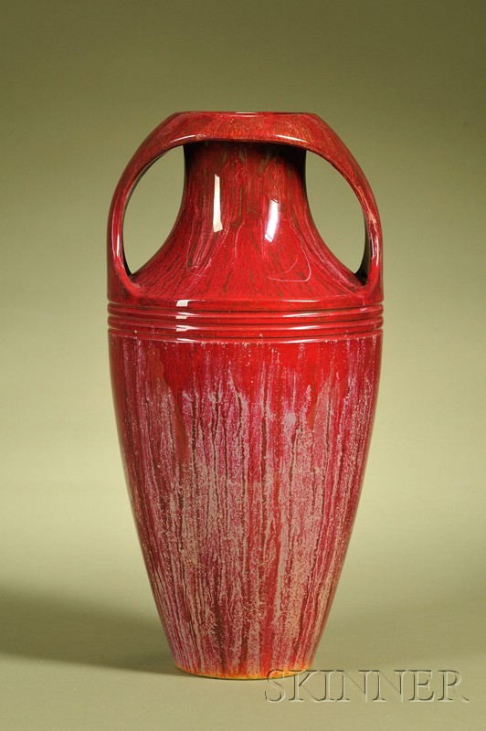 Appraisal: Zsolnay Flambe Glazed Two-handled Vase Hungary c mottled red glaze