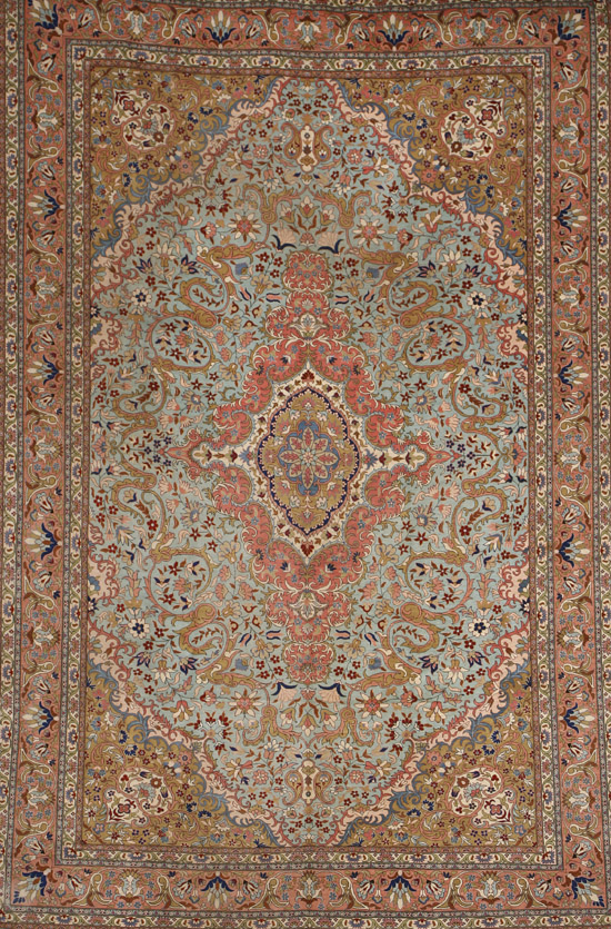 Appraisal: Silk Tabriz Rug Post Blue ground with floral trellising vine