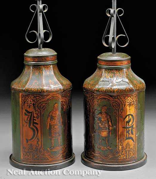 Appraisal: A Pair of English Chinoiserie T le Peinte Tea Canisters