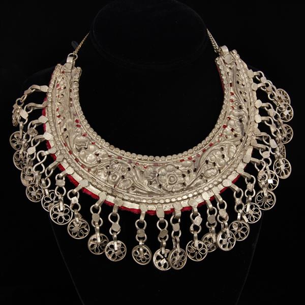 Appraisal: Turkoman Turkmen Banjara Tribal Pierced Repousse Crescent Bib Necklace with