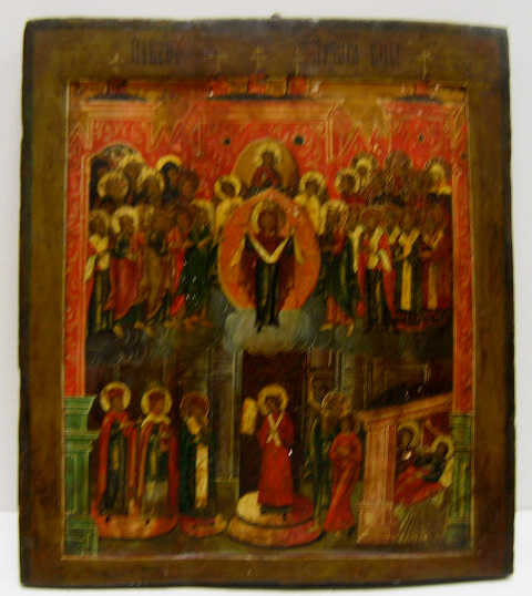 Appraisal: ANTIQUE ICON 'PROTECTING VEIL OF THE HOLY MOTHER' Depicting vision